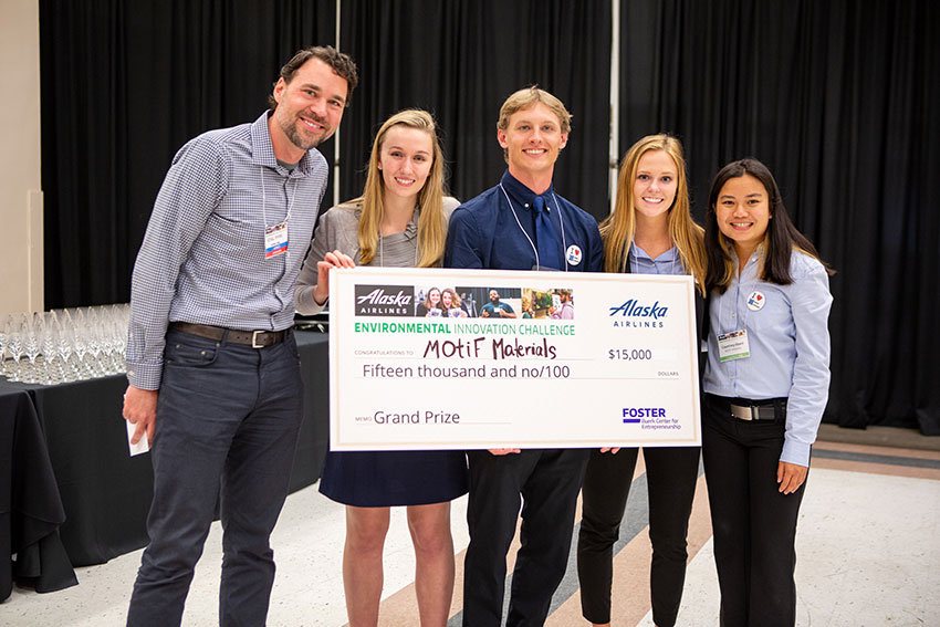 The MOtiF Materials team won first place at the 2019 Alaska Airlines Environmental Innovation Challenge. From left to right: Kirk Myers, Director of Sustainability at Alaska Airlines; Elizabeth Rasmussen; ME graduate student Stuart Moore; Molly Foley, BSME ’19; and ME graduate student Courtney Otani. (Matt Hagen / UW Buerk Center for Entrepreneurship)