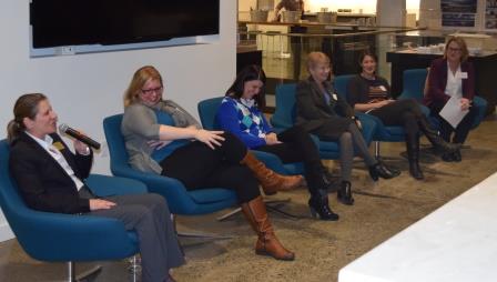 Women in Solar Panel (l-r) Louise Petruzella, Shorline Community College; Wendy Wenrick, A-R Solar; Diana Brown, DLR Goup; Bobi Garrett, National Renewable Energy Lab; Dr. Christine Luscombe, University of Washington, Renee Gastineau, University of Washington (moderator)