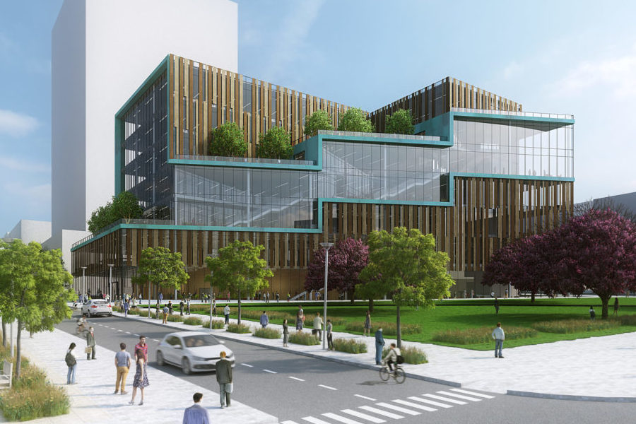 An artist's rendition of the exterior of a modern building, a small triangular park, and a city street.