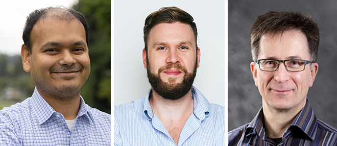 Headshots of three researchers, Arka Majumdar, Felix Heide, and Karl Bohringer