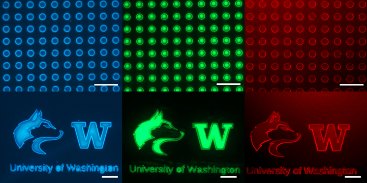 Fluorescent images of patterned color-converter materials made from quantum dots