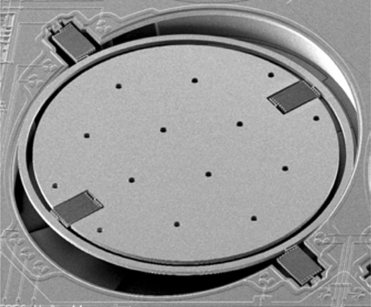 A scanning electron microscope image of a MEMS micro-mirror for optical switches